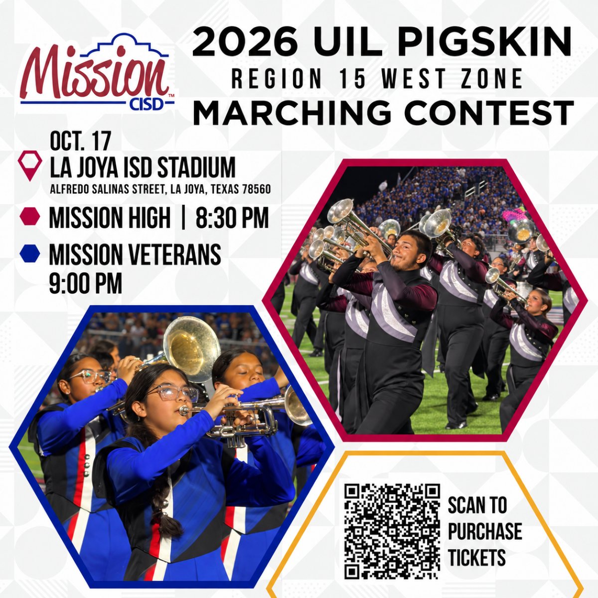 Graphic for 2026 UIL Pigskin Marching Contest featuring photos of Mission High and Mission Veterans marching band members playing brass instruments.